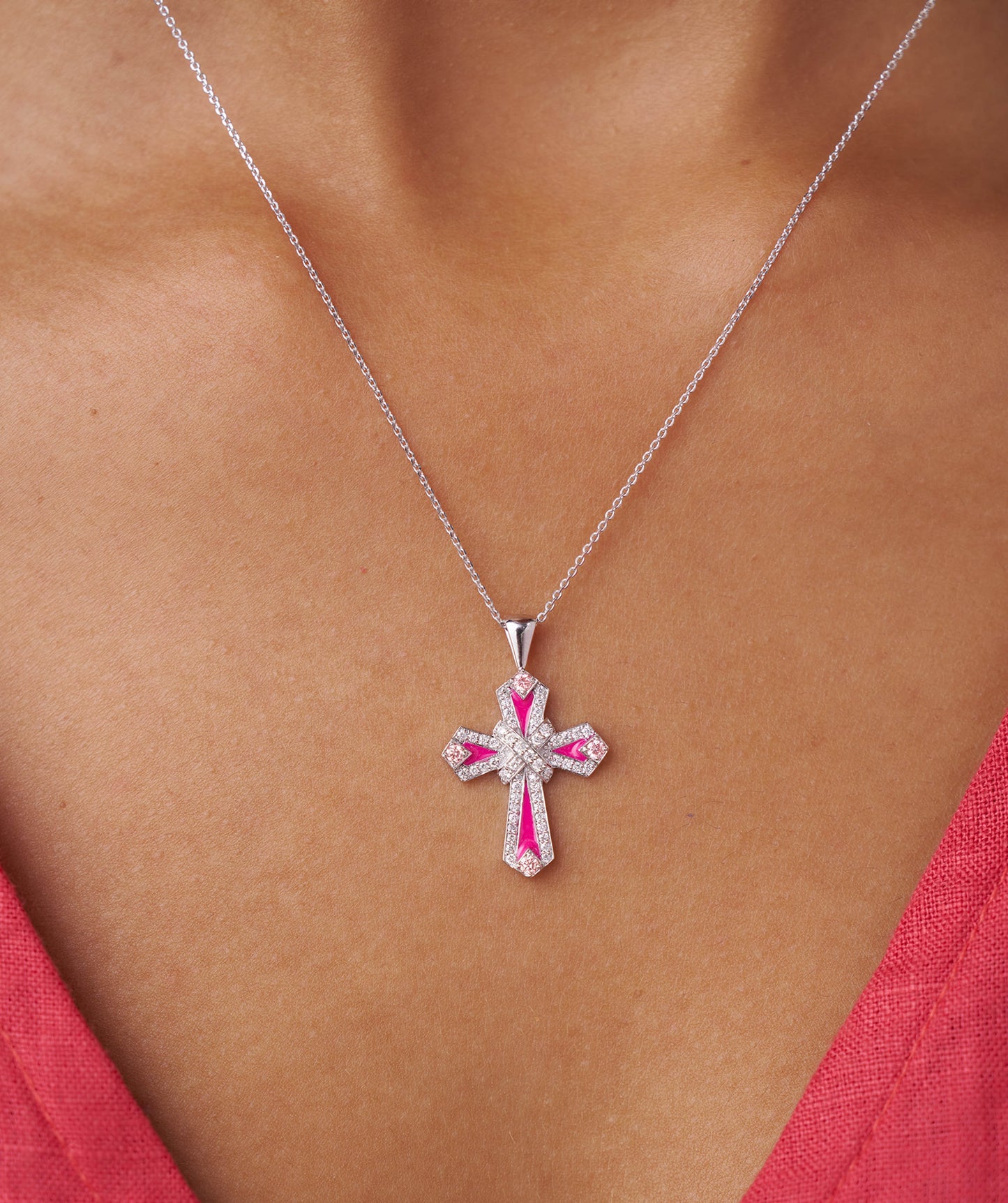 Pink Enamel & Diamond Cross Pendant