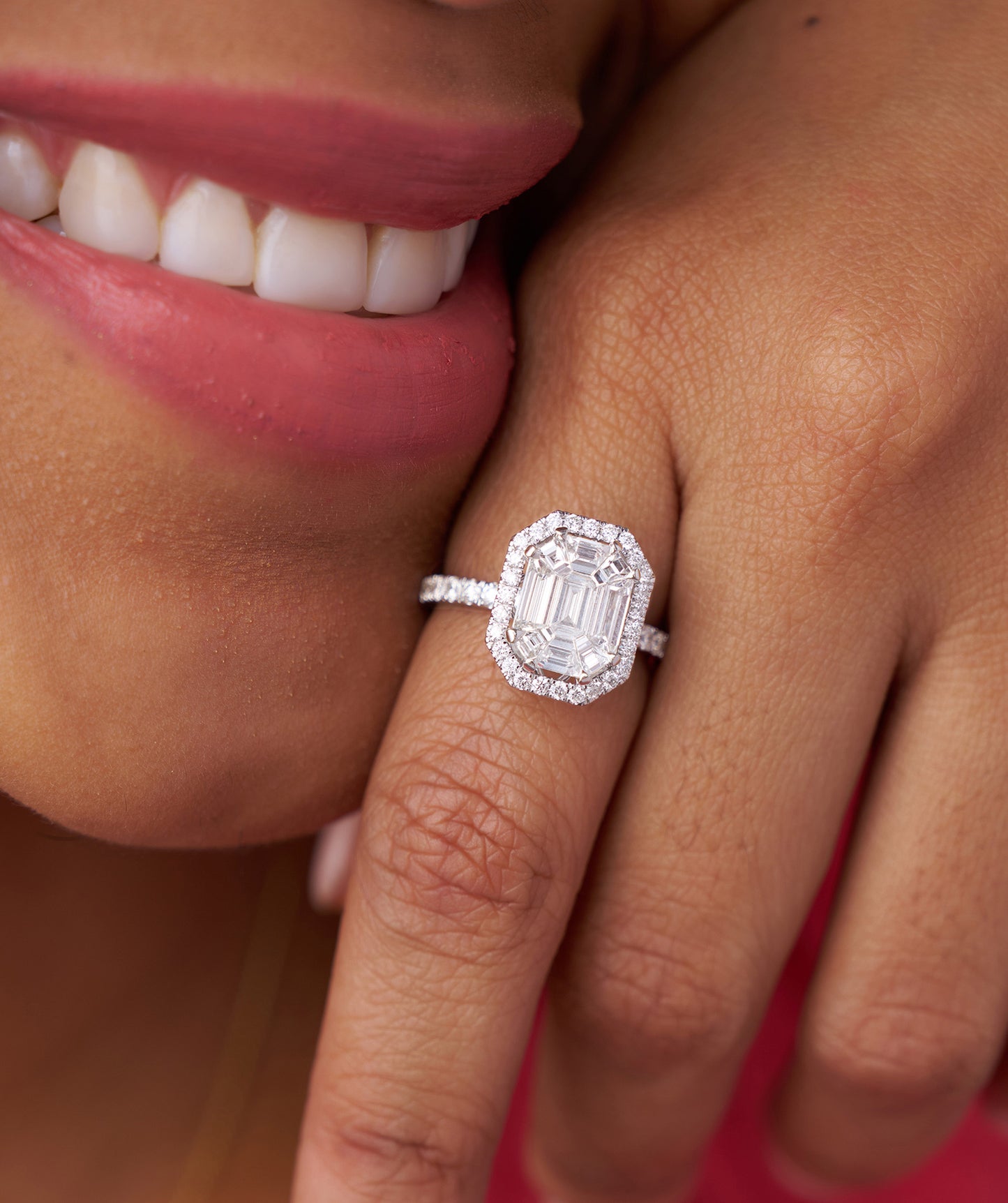 Pie Cut Emerald Diamond Cluster Octagon Halo Pave Engagement Ring in 14K Gold