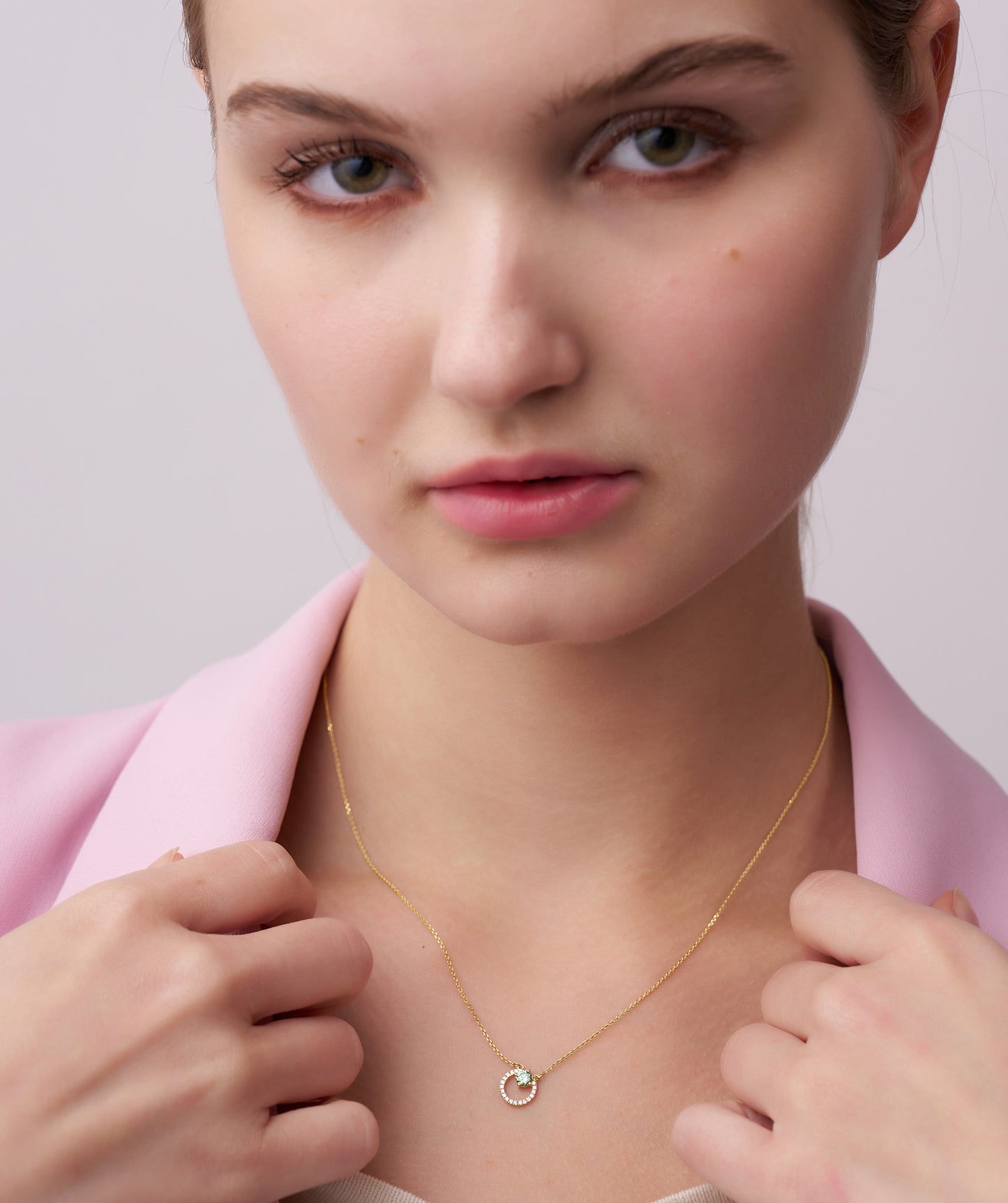 Circle Pendant Necklace with Green Gemstone & Diamonds