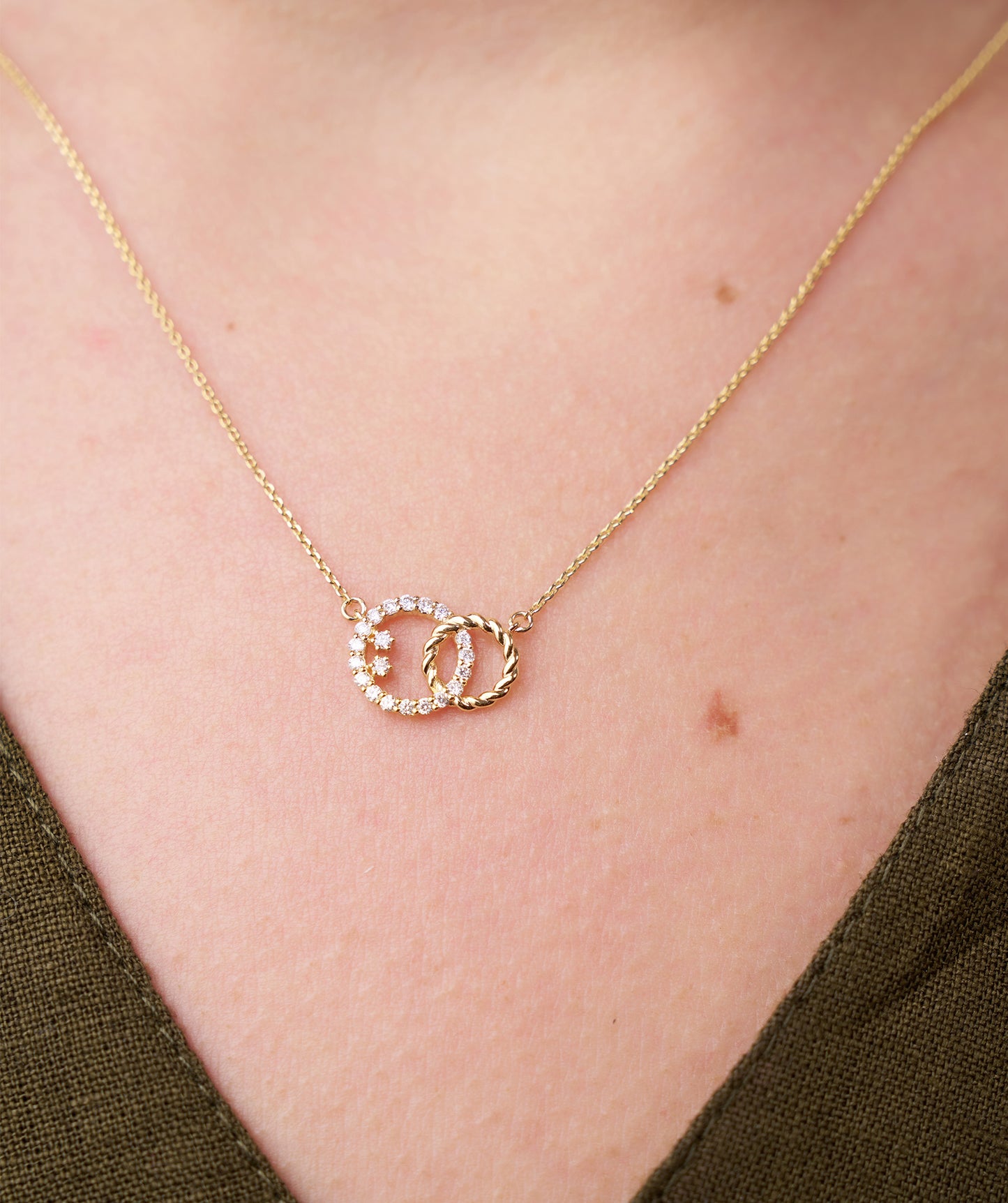 Dual Circle Pendant with Diamonds and Rope