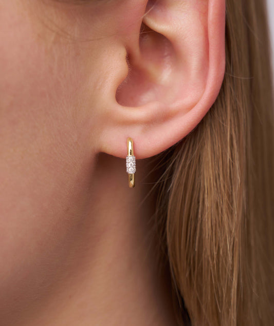 Model Wearing Double Row Pavé Diamond Huggie Hoops