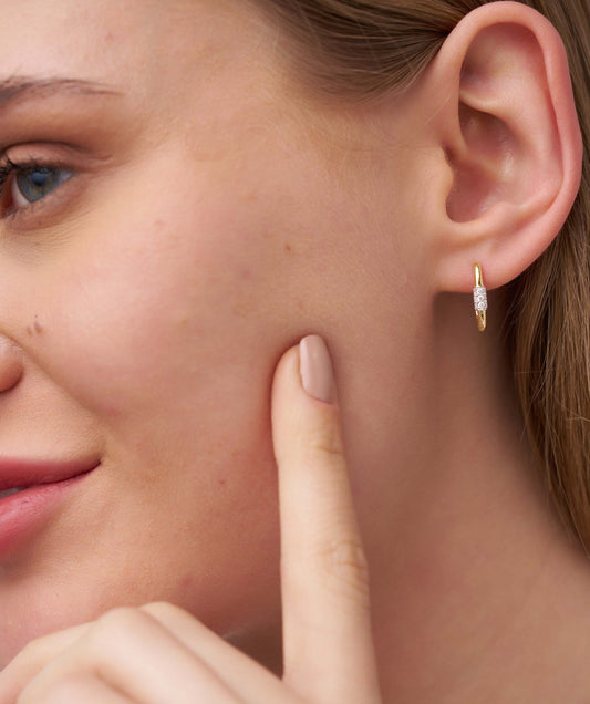Model Wearing Double Row Pavé Diamond Huggie Hoops