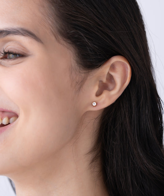 Model Wearing Classic Round Diamond Solitaire Stud Earrings 