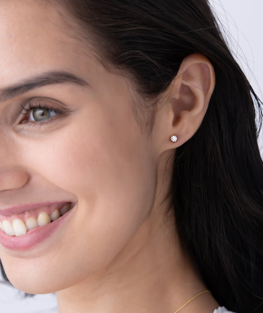 Model Wearing Classic Round Diamond Solitaire Stud Earrings