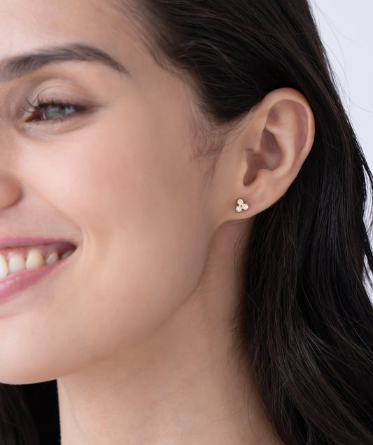 Model Wearing Bezel Trio Diamond Stud Earrings