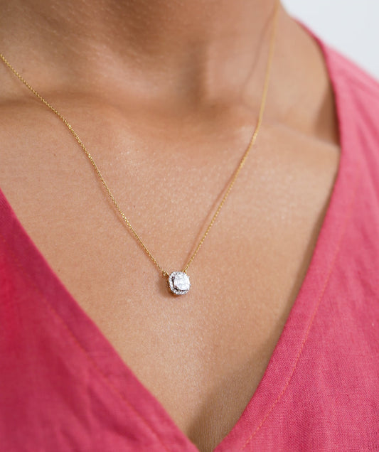 14K Gold Asscher Diamond Halo Pendant