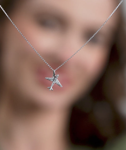 Diamond Airplane 14K Gold Necklace