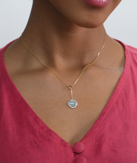 Elegant Blue Stone & Diamond Bow Necklace