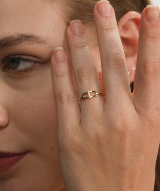 14K Gold Link Ring with Pavé Bar