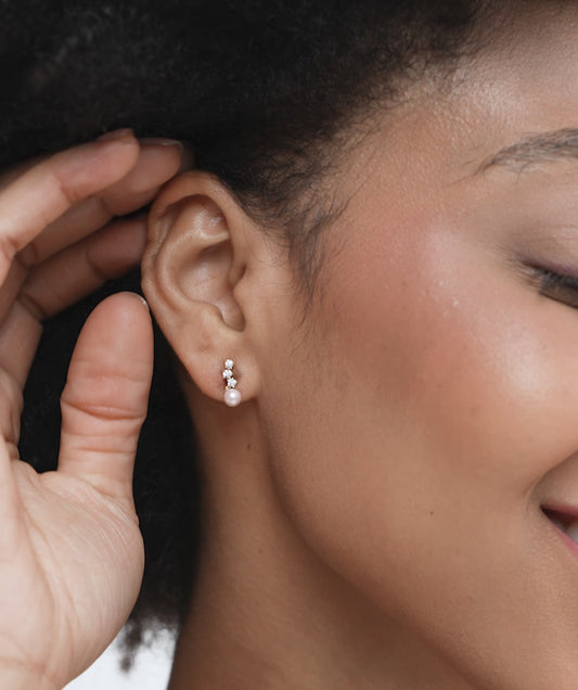 Modern Diamond and Pearl Drop Earrings