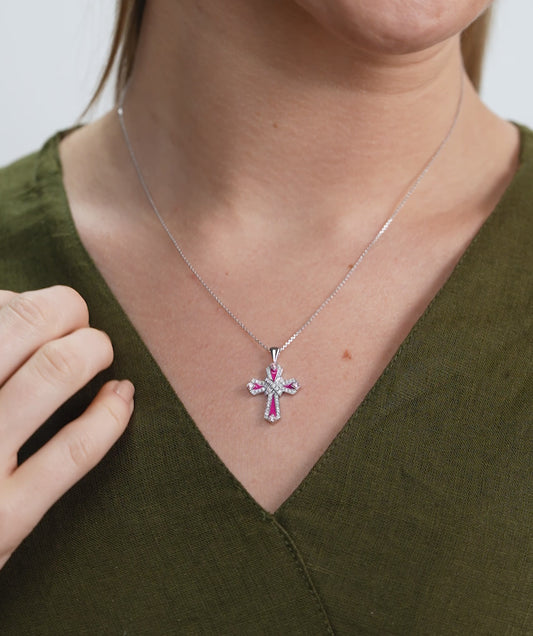 Pink Enamel & Diamond Cross Pendant