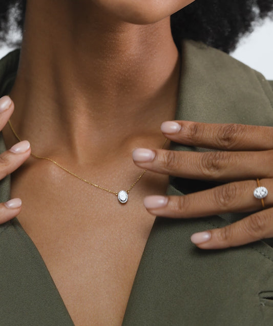 14K Gold Diamond Oval Halo Necklace